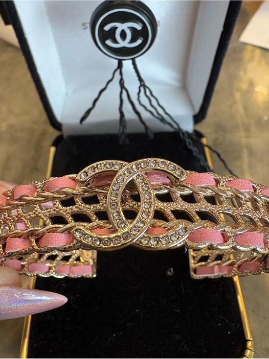 CHANEL Jewelry - CHANEL Pink Leather Gold Crystal Double-C Chain Cuff Bracelet Nice !